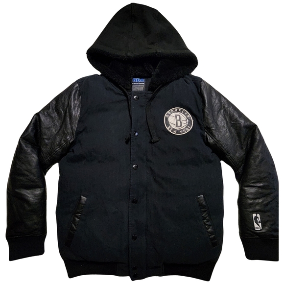 BROOKLYN 67 New York Nets Duck down filled Varsity Jacket Detachable Hood Mens L - Picture 2 of 16